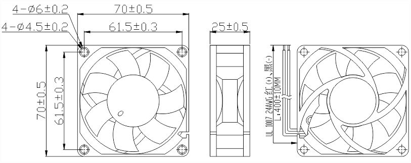 12v直流風扇7025安裝尺寸圖 12v直流風扇7025安裝尺寸圖