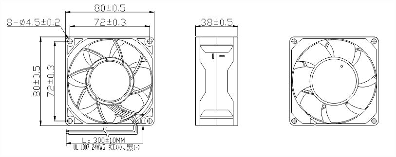 12v直流風(fēng)扇8038安裝尺寸圖 12v直流風(fēng)扇8038安裝尺寸圖
